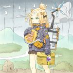  abigail_williams_(fate/grand_order) backpack bag bow bowtie briefcase clouds death_stranding fate/grand_order fate_(series) forest gummy_madacuel hair_bun high_collar highres holding long_sleeves mountain nature nitocris_(fate/grand_order) odradek outdoors parody river rock skirt sky sleeves_past_fingers sleeves_past_wrists strap stuffed_animal stuffed_toy teddy_bear tube 