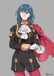  13degree 1girl absurdres byleth_(fire_emblem) byleth_eisner_(female) cape closed_mouth cosplay cravat edelgard_von_hresvelg edelgard_von_hresvelg_(cosplay) female_my_unit_(fire_emblem:_three_houses) fire_emblem fire_emblem:_three_houses fire_emblem:_three_houses garreg_mach_monastery_uniform gloves highres intelligent_systems koei_tecmo looking_at_viewer my_unit_(fire_emblem:_three_houses) nintendo red_cape short_hair simple_background solo uniform 