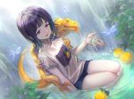  1girl absurdres animal bug highres insect lee_hyeseung lizard lizard_tail multicolored_hair open_mouth original shirt short_hair short_shorts shorts t-shirt tail tareme yuzu_(fruit) 