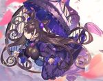  1girl amethyst_(gemstone) bag bangs black_dress blue_bag breasts brown_eyes brown_hair cherry_blossoms closed_mouth coin_purse commentary double_bun dress dutch_angle eyebrows_visible_through_hair eyelashes fate/grand_order fate_(series) floating floating_hair frilled_dress frilled_umbrella frills full_body gem hair_ornament handbag headgear highres holding holding_umbrella impossible_clothes impossible_dress juliet_sleeves kikkaiki large_breasts long_hair long_sleeves looking_at_viewer murasaki_shikibu_(fate) outstretched_arm petals puff_and_slash_sleeves puffy_sleeves purple_umbrella round_window sleeves_past_wrists smile solo striped two_side_up umbrella vertical_stripes very_long_hair wide_sleeves window 