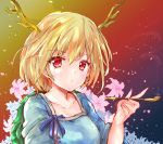  1girl arm_up blonde_hair blue_shirt breasts collarbone commentary_request dragon_horns expressionless eyebrows_visible_through_hair floral_background flower gradient gradient_background hair_between_eyes highres holding holding_pipe horns ikazuchi_akira kicchou_yachie kiseru light_particles lily_(flower) looking_at_viewer medium_breasts petals pipe red_background red_eyes shell shirt short_hair short_sleeves smoke solo touhou upper_body yellow_background 