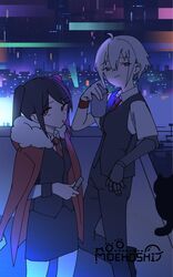  2girls ahoge bartender cat cellphone cigarette cityscape cup cyberpunk dana_zane drinking_glass fore_(va-11_hall-a) highres jacket jacket_on_shoulders jill_stingray long_hair mechanical_arms moehoshi multiple_girls necktie night phone purple_hair short_hair single_mechanical_arm va-11_hall-a white_hair 