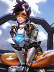 1girl bodysuit brown_hair clouds cloudy_sky crossed_legs goggles highres liang_xing looking_at_viewer overwatch sitting sky smile tagme tracer_(overwatch) 