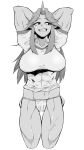  1girl abs absurdres arms_behind_head breasts collarbone cowboy_shot fundoshi greyscale highres horn hoshiguma_yuugi japanese_clothes kantoqyoiko large_breasts long_hair looking_to_the_side monochrome muscle muscular_female oni pointy_ears sharp_teeth shirt sidelocks smile solo t-shirt teeth thigh_gap touhou veins 