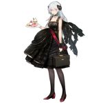  1girl alternate_costume bag black_dress black_legwear black_scarf breasts cake collarbone detached_sleeves dress earrings facial_scar food fork_in_mouth full_body girls_frontline glint gold holding holding_bag holding_tray ice_cream jewelry lace lace-trimmed_dress lace-trimmed_sleeves laurel_crown layered_dress long_hair looking_at_viewer macaron medium_breasts mouth_hold muffin nin official_art pantyhose pink_eyes pumps red_footwear scar scar_on_cheek scarf silver_hair solo sundae thunder_(girls_frontline) transparent_background tray 