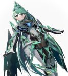  1girl armor bangs blush breasts elbow_gloves epi_zero gem gloves green_eyes green_hair hair_ornament highres jewelry large_breasts long_hair looking_at_viewer medium_breasts pneuma_(xenoblade) ponytail shoulder_armor simple_background smile solo spoilers swept_bangs tiara very_long_hair white_background xenoblade_(series) xenoblade_2 