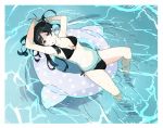  1girl arms_up bikini black_bikini black_hair breasts highres innertube kuro293939_(rasberry) long_hair looking_at_viewer lying navel o-ring o-ring_top on_back original pale_skin partially_submerged side-tie_bikini small_breasts solo swimsuit water water_surface 