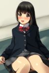  1girl :d absurdres bangs black_hair black_jacket blurry blurry_background blush bow brown_eyes collared_shirt depth_of_field eyebrows_visible_through_hair feet_out_of_frame grey_skirt highres jacket knees_together_feet_apart long_hair long_sleeves looking_at_viewer matsunaga_kouyou nose_blush open_mouth original plaid plaid_skirt pleated_skirt red_bow round_teeth school_uniform shirt sitting skirt sleeves_past_wrists smile solo teeth upper_teeth white_shirt 