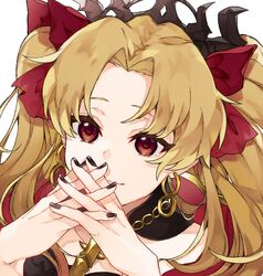  1girl bangs black_nails blonde_hair collarbone commentary_request earrings ereshkigal_(fate/grand_order) face fate/grand_order fate_(series) hair_ribbon highres jewelry kamo860 long_hair looking_at_viewer parted_bangs red_eyes red_ribbon ribbon solo two_side_up 