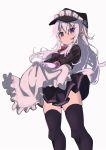  1girl alternate_costume alternate_eye_color apron black_legwear blush bow bowtie closed_mouth eyebrows_visible_through_hair frills hair_between_eyes hat hibiki_(kantai_collection) kantai_collection lifted_by_self long_hair long_sleeves looking_at_viewer maid maid_apron maid_headdress n_jiaoshou silver_hair simple_background solo thigh-highs violet_eyes 