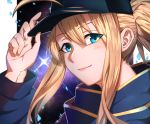  1girl ahoge artoria_pendragon_(all) baseball_cap blonde_hair blue_eyes blue_scarf breasts eyebrows_visible_through_hair fate/grand_order fate_(series) hair_between_eyes hair_through_headwear hat high_ponytail kosumi long_hair long_sleeves looking_at_viewer mysterious_heroine_x ponytail scarf solo thigh-highs 