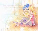  2girls aikatsu! aikatsu!_(series) ballerina ballet_slippers bangs blonde_hair blue_eyes blue_hair collarbone commentary_request earphones earphones hair_ribbon hair_tie highres holding_leg hoshimiya_ichigo katou_akatsuki kiriya_aoi leg_warmers leotard looking_at_another looking_at_viewer multiple_girls pantyhose ponytail red_eyes ribbon scrunchie shared_earphones side_ponytail sitting smile window wooden_floor 