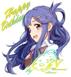  1girl :d arikanrobo asari_nanami bangs blue_eyes brown_vest character_name collared_shirt commentary_request dress_shirt eyebrows_visible_through_hair fish fish_hair_ornament hair_ornament half_updo happy_birthday highres idolmaster idolmaster_cinderella_girls long_hair looking_at_viewer neck_ribbon open_mouth purple_hair red_ribbon ribbon school_uniform shirt sidelocks simple_background smile solo upper_body vest white_background white_shirt wing_collar 