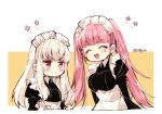  2girls closed_eyes closed_mouth fire_emblem fire_emblem:_three_houses hilda_valentine_goneril long_hair long_sleeves lysithea_von_ordelia maid maid_headdress multiple_girls naho_(pi988y) open_mouth pink_eyes pink_hair simple_background smile twintails twitter_username upper_body white_hair 