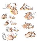  ._. :3 animal animal_focus clenched_hand commentary crab disembodied_limb fluffy nabenko petting punching rock_paper_scissors sequential simple_background smile white_background 