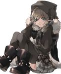  1girl bangs black_gloves black_legwear blush cape cloak commentary_request eyebrows_visible_through_hair fate/grand_order fate_(series) fur_trim gloves gray_(lord_el-melloi_ii) green_eyes grey_hair hair_between_eyes highres hood hood_up kamo860 long_hair long_sleeves looking_at_viewer lord_el-melloi_ii_case_files short_hair silver_hair skirt solo thigh-highs 