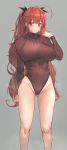  1girl absurdres ahoge arm_behind_back ass_visible_through_thighs azur_lane blush breasts brown_leotard brown_sweater closed_mouth eyebrows_visible_through_hair grey_background hair_tie hand_in_hair highres honolulu_(azur_lane) impossible_clothes large_breasts leotard long_hair long_sleeves looking_at_viewer red_eyes redhead ribbed_sweater sidelocks simple_background solo standing sweater turtleneck_leotard twintails upper_body yusha_(m-gata) 