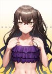  1girl bangs bare_shoulders bikini blush breasts brown_eyes brown_hair closed_mouth collarbone crossed_bangs expressionless eyebrows_visible_through_hair frilled_bikini frills girls_frontline greem_bang hair_between_eyes hair_ornament hands_on_own_chest highres long_hair looking_at_viewer navel one_side_up purple_bikini scar scar_across_eye sidelocks small_breasts stomach sweatdrop swimsuit toned ump45_(girls_frontline) 