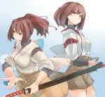  2girls akicosmossakasa breasts brown_eyes brown_hair brown_hakama brown_skirt cowboy_shot hair_ribbon hakama hakama_skirt highres holding holding_weapon hyuuga_(kantai_collection) ise_(kantai_collection) japanese_clothes kantai_collection katana large_breasts looking_at_viewer looking_to_the_side multiple_girls nontraditional_miko ponytail red_ribbon ribbon sash sheath short_hair skin_tight skirt sword undershirt unsheathing weapon 