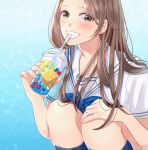  1girl blue_background blue_bow blush bow brown_eyes brown_hair cup disposable_cup drinking drinking_straw highres holding holding_cup hosizora188 kneehighs long_hair looking_at_viewer orange_nails original school_uniform serafuku short_sleeves simple_background smile squatting teeth 