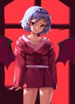  1girl absurdres alternate_costume arms_at_sides artist_name bat_wings blue_hair collarbone commentary_request cowboy_shot expressionless head_tilt highres japanese_clothes kimono long_sleeves looking_at_viewer obi red_background red_eyes red_kimono remilia_scarlet sash short_hair short_kimono solo standing symbol_commentary touhou window wings yoonsemo 