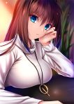  1girl akeyama_kitsune aozaki_aoko arm_support blue_eyes breasts brown_hair chin_rest jewelry large_breasts long_hair mahou_tsukai_no_yoru necklace parted_lips solo upper_body 