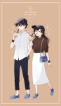  1boy 1girl ^_^ bangs baseball_cap belt black_hair black_headwear black_pants blue_eyes blue_footwear blush border breast_pocket brown_hair brown_shirt bubble_tea casual character_name closed_eyes collared_shirt couple cup disposable_cup dress_shirt drink drinking drinking_straw drinking_straw_in_mouth full_body hair_between_eyes happy hat hetero holding holding_cup kuroba_kaito locked_arms long_hair long_skirt magic_kaito matching_outfit milk_tea nakamori_aoko pants pocket shirt shoes short_sleeves simple_background skirt sleeves_past_elbows smile srrr315 standing standing_on_one_leg white_shirt white_skirt wristband 