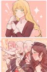  &gt;_&lt; 5girls black_headwear blonde_hair blue_eyes blush boots bow bracelet brown_hair butler closed_mouth dorothea_arnault earrings edelgard_von_hresvelg fire_emblem fire_emblem:_three_houses gaijin_4koma garreg_mach_monastery_uniform gloves green_eyes hair_bow hat hilda_valentine_goneril ingrid_brandl_galatea jewelry knee_boots kvlen long_hair long_sleeves low_ponytail mercedes_von_martritz multiple_girls open_mouth pink_hair short_sleeves sitting smile twintails uniform violet_eyes white_gloves 