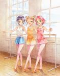  3girls aikatsu! aikatsu!_(series) arisugawa_otome ballerina ballet_slippers black_hair blue_eyes brown_hair closed_eyes collarbone green_eyes hands_on_another&#039;s_hips highres kamiya_shion katou_akatsuki kitaouji_sakura leotard looking_at_another looking_to_the_side multiple_girls pantyhose pink_hair shadow smile standing window wooden_floor 