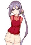  1girl absurdres akebono_(kantai_collection) bangs blush brown_skirt cat_hair_ornament closed_mouth commentary_request eyebrows_visible_through_hair hair_between_eyes hair_ornament highres ichi kantai_collection long_hair looking_away looking_to_the_side orange_shirt purple_hair red_vest shirt side_ponytail sidelocks simple_background skirt solo very_long_hair vest violet_eyes white_background 