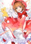  1girl :d absurdres arm_up bangs blurry blurry_background blush bow brown_hair cardcaptor_sakura creature depth_of_field dress eyebrows_visible_through_hair feathered_wings gloves green_eyes hair_between_eyes hat head_tilt highres kero kinomoto_sakura looking_at_viewer mika_pikazo open_mouth petals pink_dress puffy_short_sleeves puffy_sleeves red_bow red_footwear red_headwear shirt shoes short_sleeves sleeveless sleeveless_dress smile white_background white_gloves white_shirt white_wings wings 