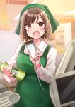  1girl :d apron bangs blurry blurry_background blush bottle breasts brown_hair collared_shirt commentary_request depth_of_field employee_uniform eyebrows_visible_through_hair fang green_apron head_scarf highres holding holding_bottle long_sleeves looking_at_viewer minami_saki open_mouth original red_eyes shirt small_breasts smile solo supermarket uniform white_shirt 