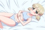  1girl aki_(girls_und_panzer) bed blonde_hair blue_bra blue_panties blush bra breasts closed_mouth collarbone girls_und_panzer green_eyes hands_on_own_stomach looking_at_viewer lying on_back on_bed panties shiny shiny_hair shiny_skin short_hair short_twintails small_breasts smile solo sports_bra ten-ly twintails underwear 