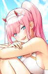  1girl :d bangs blue_sky breasts clouds darling_in_the_franxx day eyebrows_visible_through_hair fang large_breasts light_rays long_hair looking_at_viewer one-piece_swimsuit open_mouth pink_hair ponytail red_horns sitting sky smile solo sunbeam sunlight swimsuit toma_(norishio) white_swimsuit zero_two_(darling_in_the_franxx) 