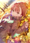  1girl alternate_costume autumn autumn_leaves backlighting bangs blurry blurry_background brown_coat brown_eyes brown_hair buttons coat dot_nose dsmile eyebrows_visible_through_hair field flower hair_between_eyes hair_flower hair_ornament hands_up high_collar long_sleeves looking_at_viewer lying misaka_mikoto on_back open_mouth overcoat parted_lips shiny shiny_hair sleeves_past_wrists solo tareme to_aru_kagaku_no_railgun to_aru_majutsu_no_index tree upper_body wide_sleeves 