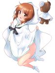  1girl bandaged_ear blush boko_(girls_und_panzer) bound brown_eyes dress eyebrows_visible_through_hair girls_und_panzer highres hood kuzuryuu_kennosuke nishizumi_miho orange_hair rope simple_background socks solo stuffed_animal stuffed_toy teddy_bear teruterubouzu tied_up white_background 