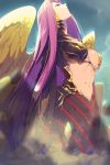  1girl bangs blue_sky breasts cis05 dust fate/grand_order fate_(series) forehead gorgon_(fate) large_breasts long_hair looking_up navel parted_bangs parted_lips purple_hair scales sky solo very_long_hair violet_eyes wings 