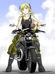 1girl alternate_costume black_gloves blonde_hair bow breasts dress drill_hair gloves ground_vehicle helmet highres holding holding_helmet knives_(knives777) long_hair mahou_shoujo_madoka_magica medium_breasts midriff monochrome motor_vehicle motorcycle shirt smile smirk solo tank_top tied_shirt tomoe_mami twintails 