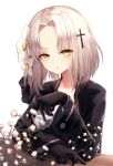  1girl alcohol aug_(girls_frontline) bangs black_clothes black_gloves closed_mouth collarbone commentary cross cup expressionless eyebrows_visible_through_hair flower girls_frontline gloves hair_flower hair_ornament hair_ribbon highres holding holding_branch holding_cup long_sleeves looking_at_viewer myung revision ribbon short_hair silver_hair simple_background solo upper_body white_background wooden_table yellow_eyes 