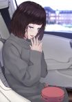  1girl bag black_legwear blue_eyes blurry blurry_background bob_cut brown_hair car_interior commentary dress handbag hands_together highres looking_at_viewer original pantyhose pov saitou_(lynx-shrike) solo sweater sweater_dress 