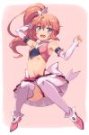  1girl :d amatsuki_meguru angel_rose arm_up bangs bare_shoulders blue_eyes breasts detached_sleeves eyebrows_visible_through_hair full_body hair_between_eyes highres long_hair looking_at_viewer magical_girl michairu midriff navel open_mouth orange_hair petticoat pink_background pink_footwear shoes side_ponytail simple_background skirt small_breasts smile solo thigh-highs twin_angel twin_angel_break white_legwear 