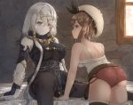  2girls armlet ass atelier_(series) atelier_ryza bangs bare_arms bare_shoulders bed belt beret black_bodysuit black_nails blue_eyes bodysuit boots breasts brown_eyes brown_hair crossed_bangs english_commentary eyebrows_visible_through_hair fur hair_between_eyes hair_ornament hairclip hat heterochromia highres hikari_niji impossible_clothes large_breasts lila_decyrus long_hair looking_at_viewer low_twintails multiple_girls pale_skin red_shorts redhead reisalin_stout shirt short_hair shorts sidelocks sitting spaghetti_strap spread_legs stone_wall swept_bangs thigh-highs thigh_boots thighs twintails wall white_hair white_shirt window 