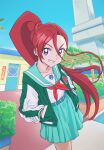  amawa_kazuhiro aozora_middle_school_uniform green_sailor_collar hands_in_pockets highres looking_at_viewer ponytail precure red_ribbon redhead ribbon sailor_collar school_uniform smile takizawa_asuka tropical-rouge!_precure 