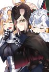  3girls absurdres ahoge armor armored_dress blonde_hair blush breasts capelet carrying closed_eyes fate/apocrypha fate/grand_order fate_(series) fur-trimmed_capelet fur_trim gauntlets green_ribbon grey_hair hair_ribbon headpiece highres jeanne_d&#039;arc_(alter)_(fate) jeanne_d&#039;arc_(fate) jeanne_d&#039;arc_(fate)_(all) jeanne_d&#039;arc_alter_santa_lily large_breasts long_hair looking_at_another looking_at_viewer multiple_girls open_mouth piggyback ranf red_ribbon ribbon short_hair sleeping smile striped striped_ribbon yellow_eyes 