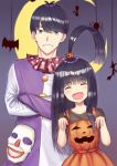  1boy 1girl :d ^_^ bangs black_hair black_shirt blue_eyes blunt_bangs blurry blurry_background blush brother_and_sister bug cat closed_eyes collarbone crescent crossed_arms depth_of_field dress eyebrows_visible_through_hair facing_viewer fang go-toubun_no_hanayome grin hair_between_eyes hair_ornament head_tilt jack-o&#039;-lantern jack-o&#039;-lantern_hair_ornament jack-o&#039;-lantern_print long_hair long_sleeves looking_at_viewer mask multicolored multicolored_clothes nyaa28 open_mouth orange_dress pleated_dress print_dress shirt short_sleeves siblings sleeveless sleeveless_dress smile spider uesugi_fuutarou uesugi_raiha very_long_hair 