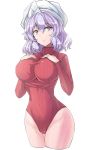  1girl alternate_costume breasts commentary_request covered_navel cowboy_shot cropped_legs groin hands_on_own_chest highres large_breasts lavender_hair leotard letty_whiterock long_sleeves looking_at_viewer red_leotard short_hair simple_background solo standing thighs touhou triangular_headpiece turtleneck turtleneck_leotard violet_eyes white_background white_headwear y2 