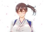  1girl blush breasts brown_eyes brown_hair cherry_blossoms closed_mouth commentary_request falling_petals hair_between_eyes hair_tie japanese_clothes kaga_(kantai_collection) kantai_collection kashiru large_breasts looking_at_viewer short_sidetail side_ponytail smile standing tasuki 
