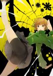  1girl ass bana_(stand_flower) bike_shorts blush brown_hair green_jacket high_kick highres jacket kicking navel open_mouth persona persona_4 pleated_skirt satonaka_chie short_hair shorts shorts_under_skirt skirt solo track_jacket zipper 