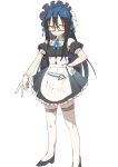  absurdres alternate_costume apron black_hair blush bural_chingu dress enmaided eyes_visible_through_eyewear frilled_apron frilled_dress frills full_body gloves highres ju_hyeon-mi luke_(dydansgur) maid maid_apron maid_headdress red-framed_eyewear simple_background sweatdrop thigh-highs waist_apron white_apron white_background white_gloves white_legwear yellow_eyes 