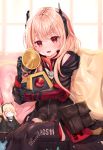  1girl absurdres bag bangs black_legwear commentary_request eyebrows_visible_through_hair fangs girls_frontline hair_between_eyes headgear highres jacket long_hair looking_at_viewer m4_sopmod_ii_(girls_frontline) multicolored_hair open_mouth pillow pink_hair red_eyes sitting smile streaked_hair stuffed_toy thigh-highs user_gzwf2823 